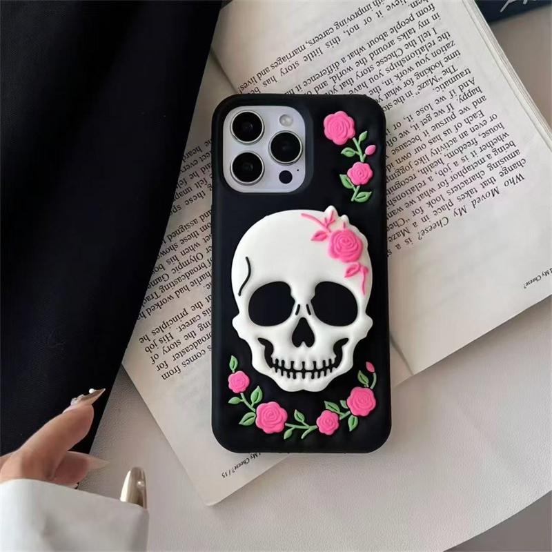 3D Skeleton Flower Holder Phone Case For iPhone 17 16 15 14 13 Pro 12 11 Pro Max Soft Silicone Cover
