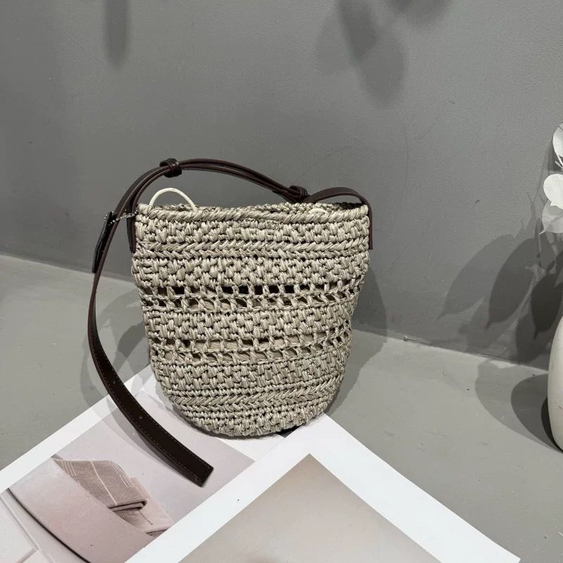 

Ceirihe French Style Retro Vacation Style Straw Bucket Bag Women s Special-Interest Design Woven Hollowed Shoulder Messenger Bag Light gray