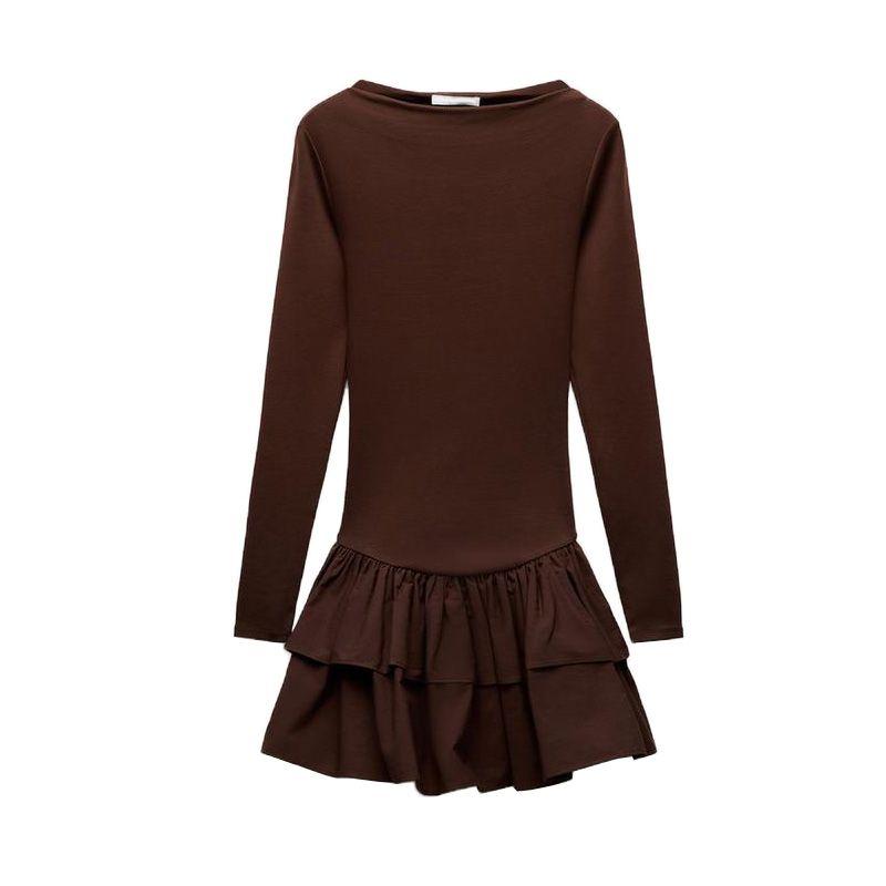 

Spring New Women s Clothing French Style Patchwork Laminated Decoration Silm Long Sleeves Boat Neck Short Dress 0085308 Brown S