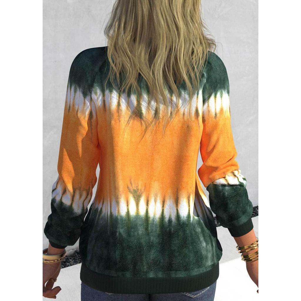 GMXIA Outono Feminino Tie Dye Estampado Top Gola Redonda com Ombro Manga Comprida Casual Solto Guarda