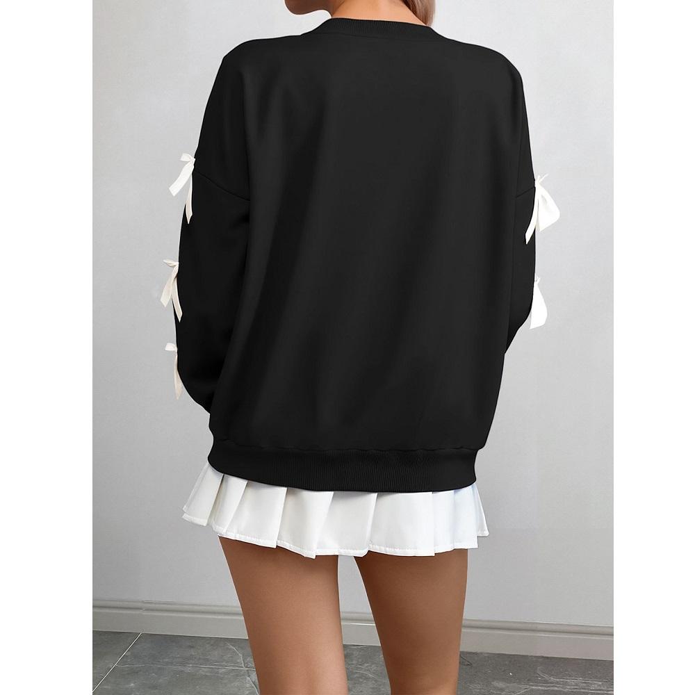 Damskie Jesienno-Zimowe Słodkie Bluzki z Okrągłym Dekoltem i Długim Rękawem, Ozdobione Kokardą, Czerwone Świąteczne Bluzy Top