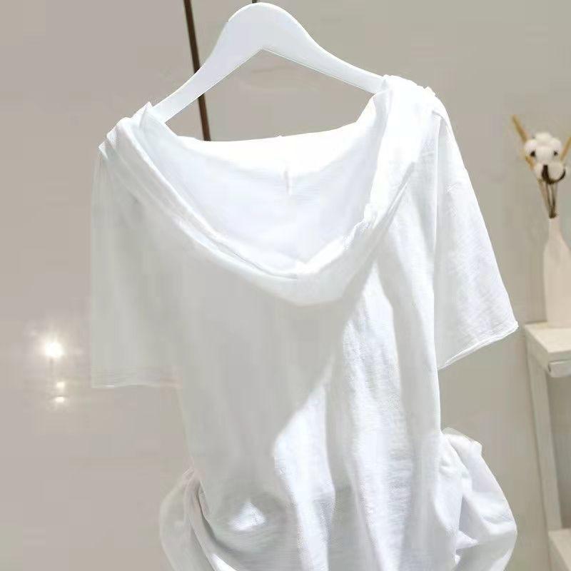 Spring Summer Women's  Hooded Short-Sleeve T-shirt Loose Slim Pullover T-Shirt Belly-Covering  Top