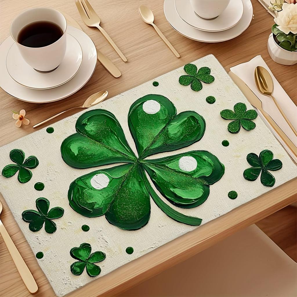 1 Set White Dot Shamrock Lucky Irish St. Patrick'S Day Placemat, Seasonal Spring, 12 x 18 inches, Polyester 100%, Hand Wash Only, Woven
