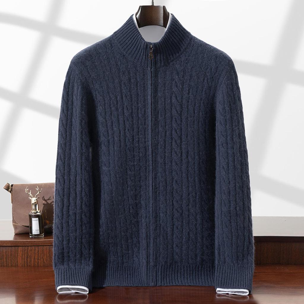 Men's Autumn/Winter Cashmere Cable Knit Zipper Cardigan Sweater, Half-High Collar, Plus Size