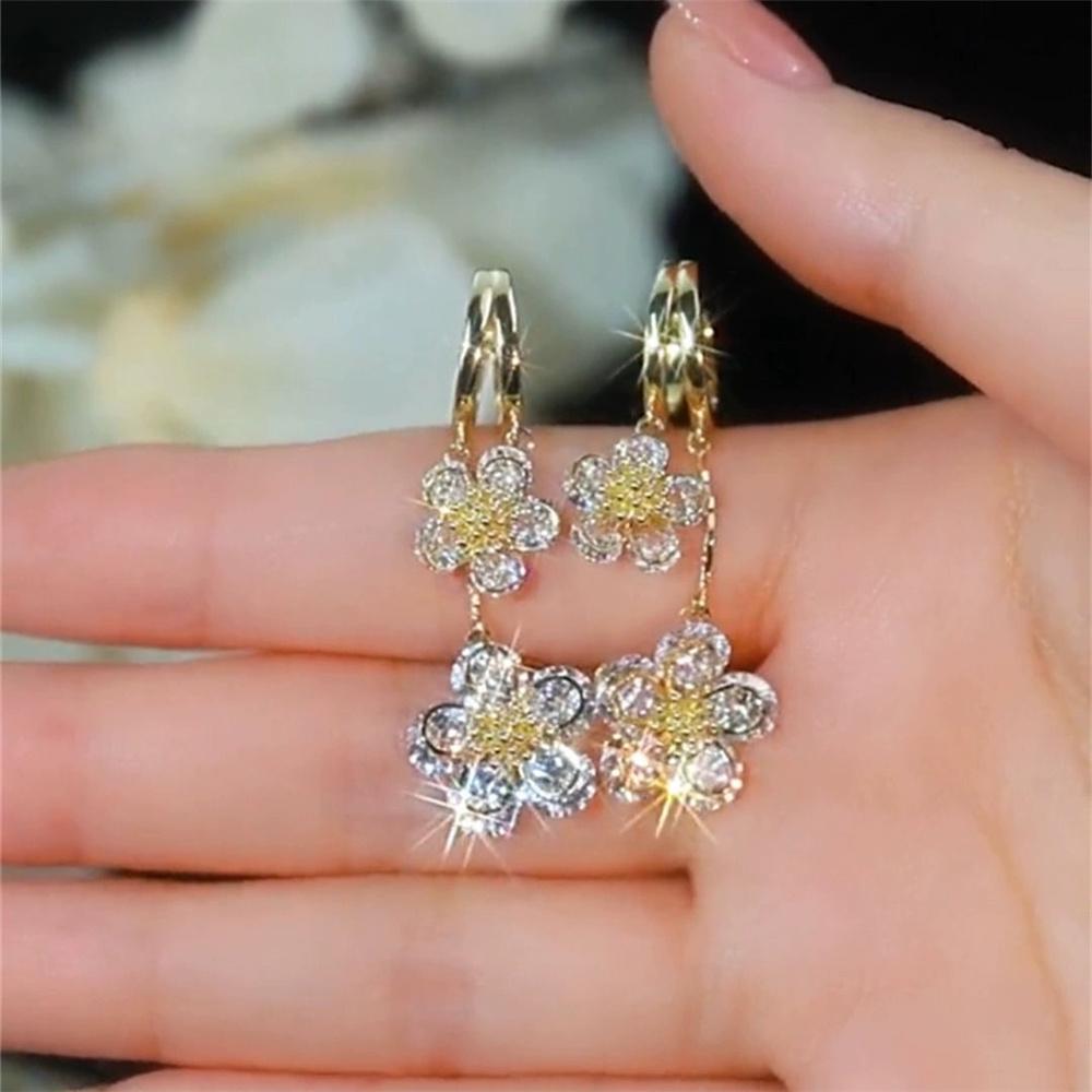 Female White Zircon Stone Flower Hoop Earrings Vintage Fashion Gold Color Wedding For Women