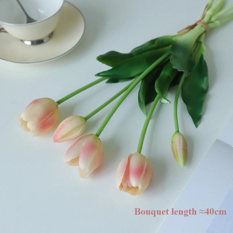 5pcs Artificial Flowers Soft Tulip Fake Flower Real Touch Home Garden Table Wedding Decoration Simulation 5-Head Tulips Bouquet