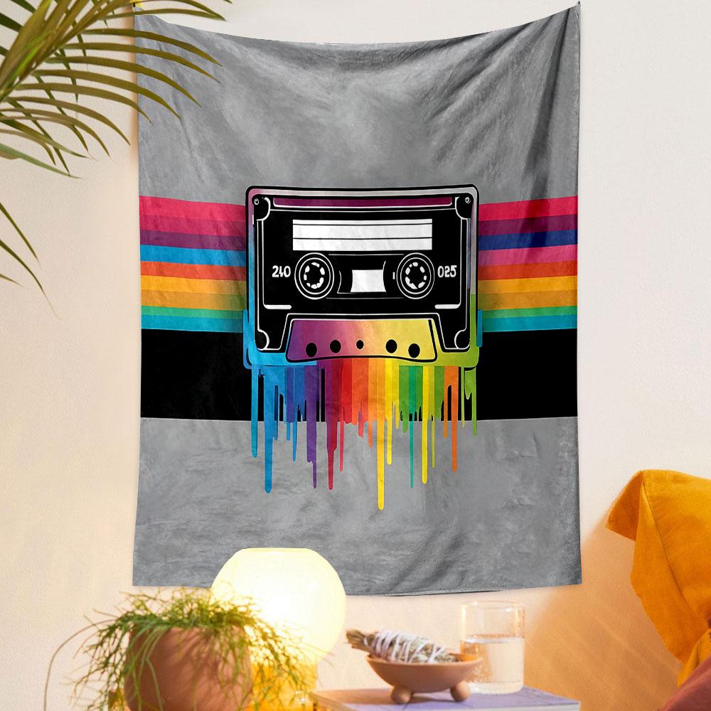 Retro Cassette Tape with Rainbow Drips Patterned Tapestry Decorative Wall Hanging, Home Bedroom Living Room Decor