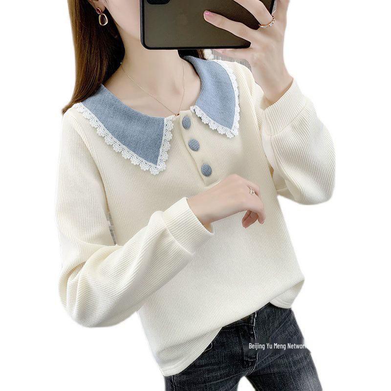 2025 Spring Women's Korean Style Lace Trim Peter Pan Collar Long Sleeve Sweater
