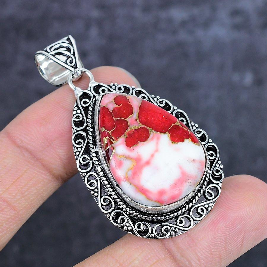 Natural Pink Dahlia Turquoise Gemstone 925 Sterling Silver Pendant 2.21" ETC-14000