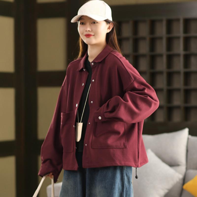 DIMANAF 2025 Mantel Kurze Jacke Damen Baumwolle Uni Langarm Basic Taschen Mode Oberteile T-Shirts Locker Neue