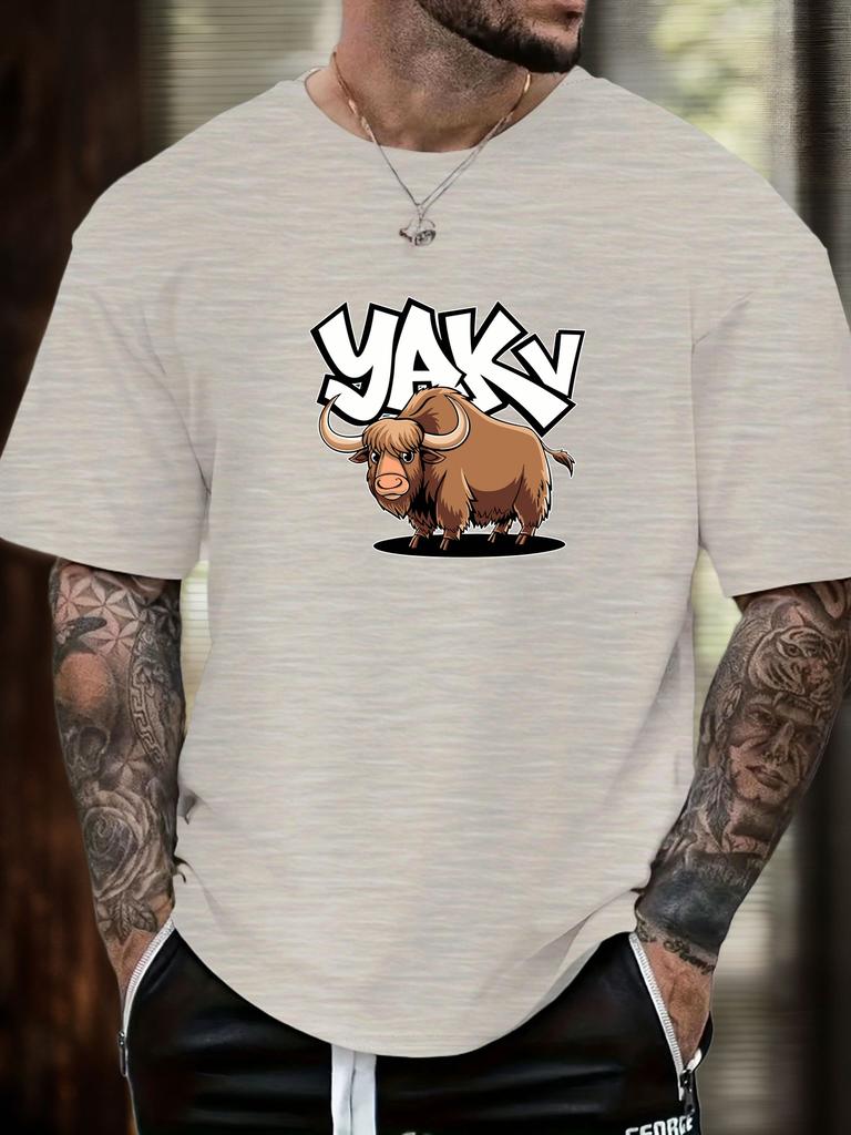 Mens Casual Tshirt Yak Cartoon Print Short Sleeve Round Neck Breathable Soft Oversized Fun Daily Wear Tee