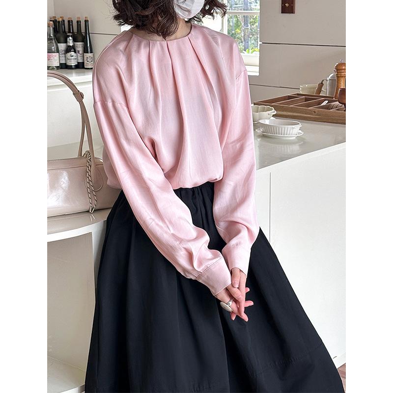 Juzhi Spring Korean Style Women's Tencel Long Sleeve Round Neck Shirt