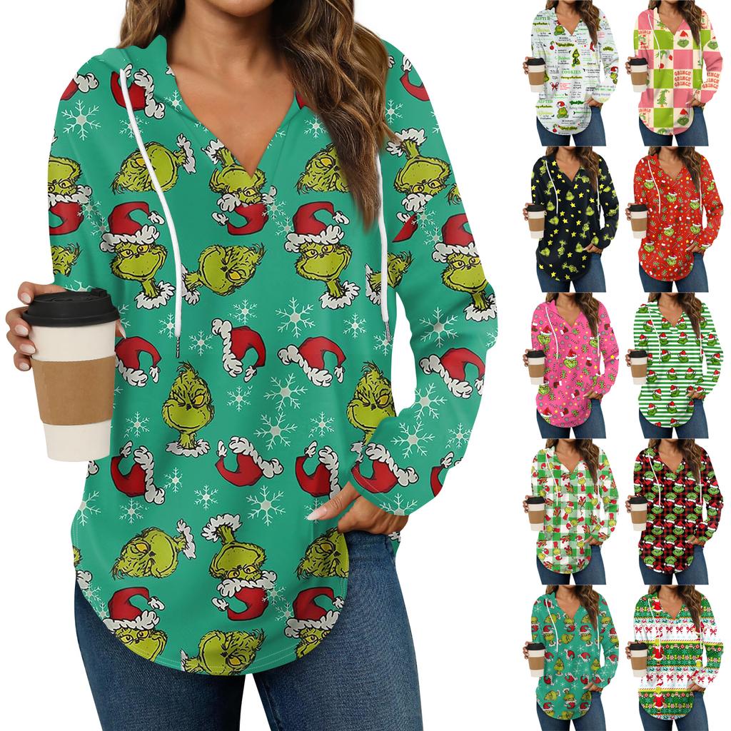 Women's Fashion Hoodies V Neck Long Sleeve Christmas Printed Drawstring Casual Loose Pullover Tops