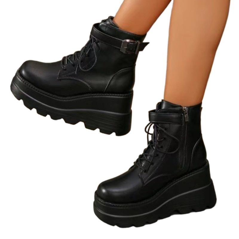 New Style Luxury Black Wedges Ankle Boots Women's Gothic Shoes Designer Round Toe Platform Lace-up Belt Buckle Side Zipper Boots