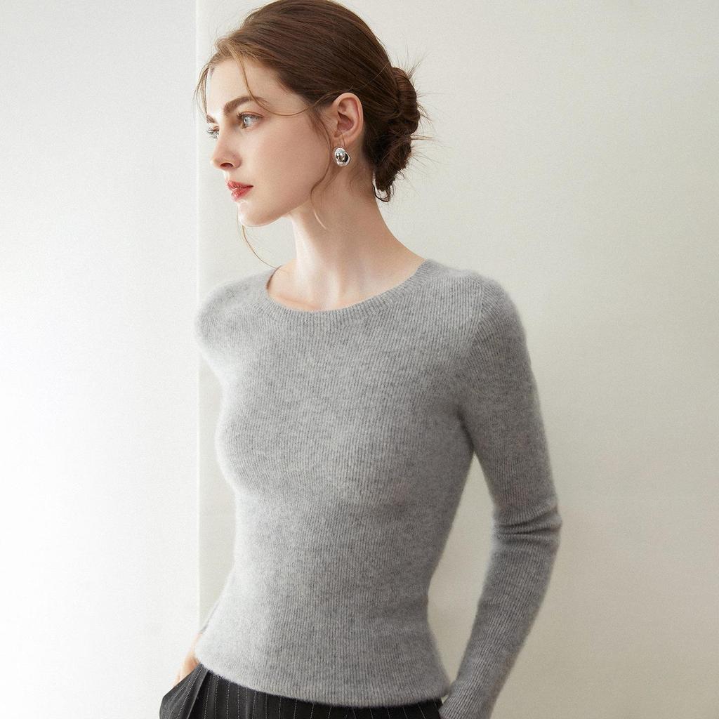 Women's 100% Pure Cashmere Sweater: Soft, Warm, Slim-fit, Round Neck, Ribbed, Long Sleeve, and Versatile Base Layer.
