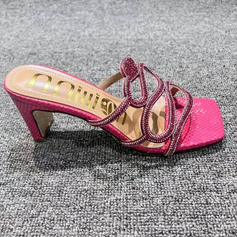 Fashion Rhinestone Slippers Summer  Hollow Out Square Heels Sandals Sexy Christmas Party Shoes Plus Size Square Toe Women's Shoes