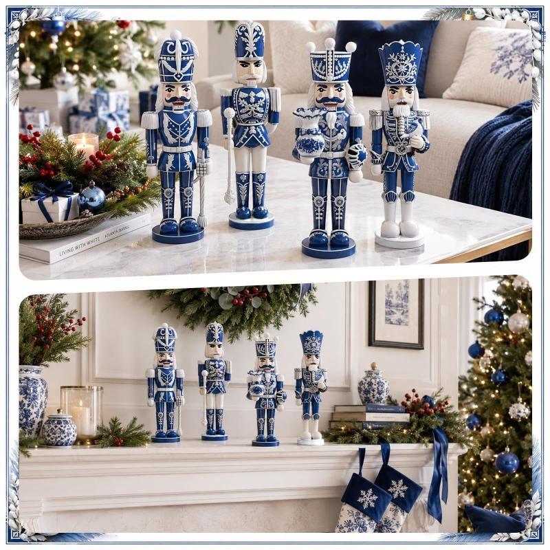 4Pcs Blue White Porcelain Style Wooden Nutcracker Soldier Figurines Vintage Gifts for Friends Home Living Room Decor