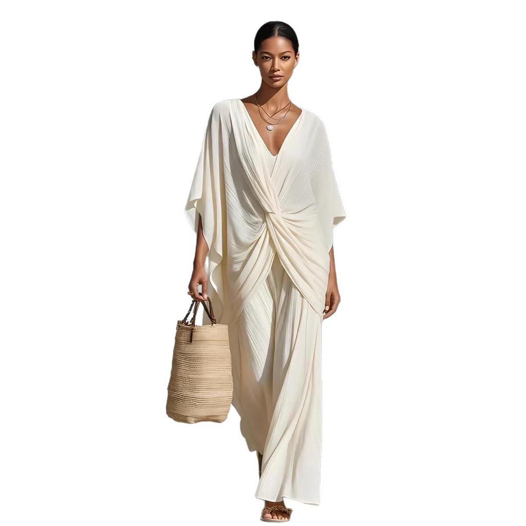 Women's Summer V-Neck Loose Pleated Dress - Resort Style Long Skirt