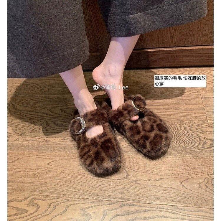 Leopard print fluffy shoes women's casual fashion and comfort Doudou shoes 2025 autumn and winter new flat-bottomed velvet warm cotton shoes