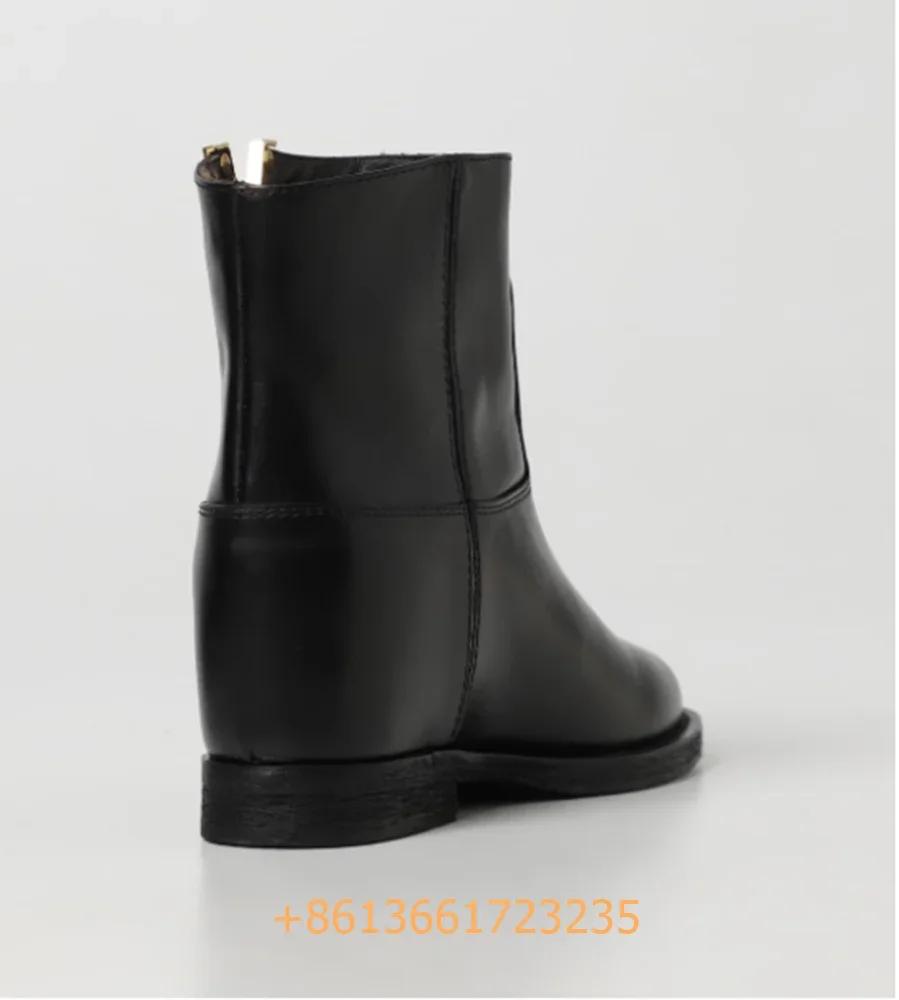 Fashion Real Leather Metal V Buckle Woman Boots 2025 Winter New Solid Designer Catwalk Ankle Boots Black/brown Round Toe Fashion Shoes