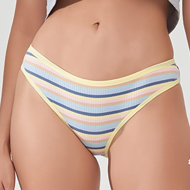 New Colour-Striped Breathable Ribbed Cotton Knickers for Women Comfortable Low-Rise Hot Girl Briefs