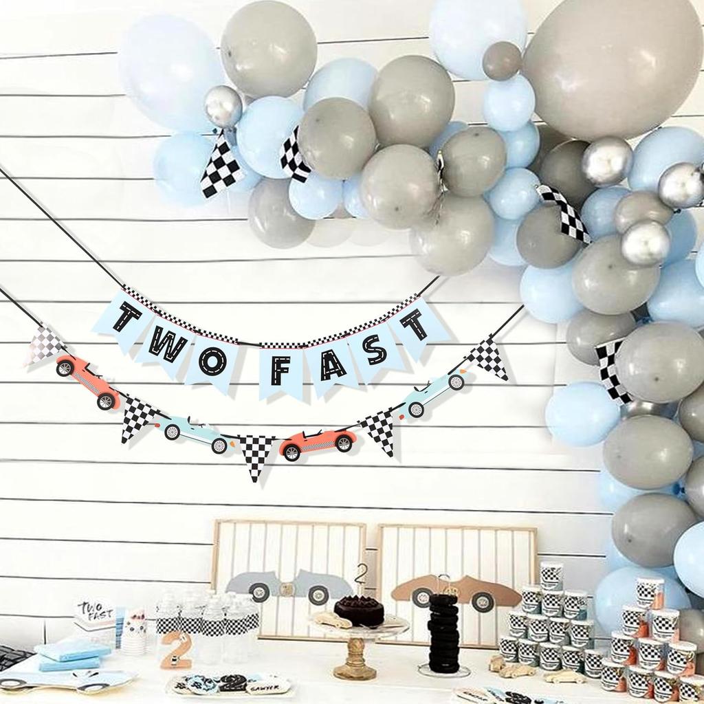 Two Fast Banner - Two Fast Birthday Decorations,Racing Second Birthday Decorations,Race Car Party Flag Banner