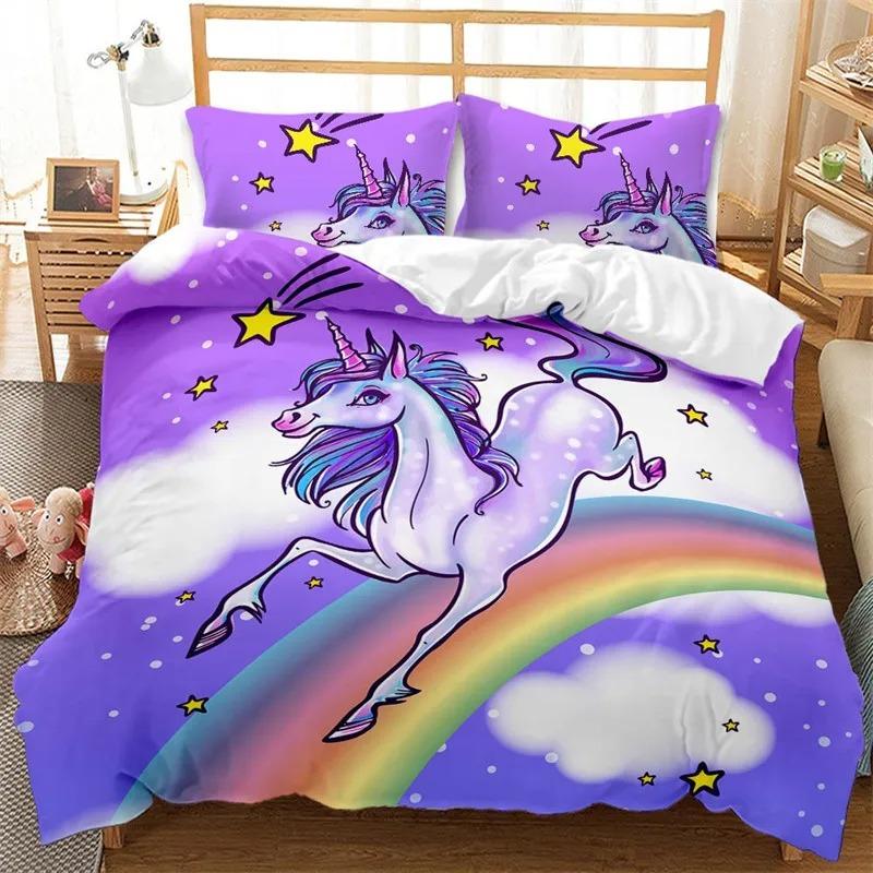 Colorful Luminous Unicorn Print Bedding Set 3D Cartoon Animal Pattern Duvet Cover Bedroom Decor With Pillowcases For Girls Gift