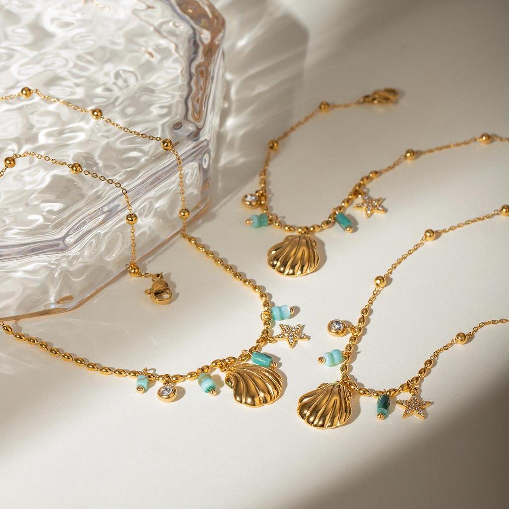 Francouzský Retro 18k Zlato & Nerezová Ocel Amazonit Mušle Hvězda Přívěsek Náhrdelník - Lehký Luxusní Šperk