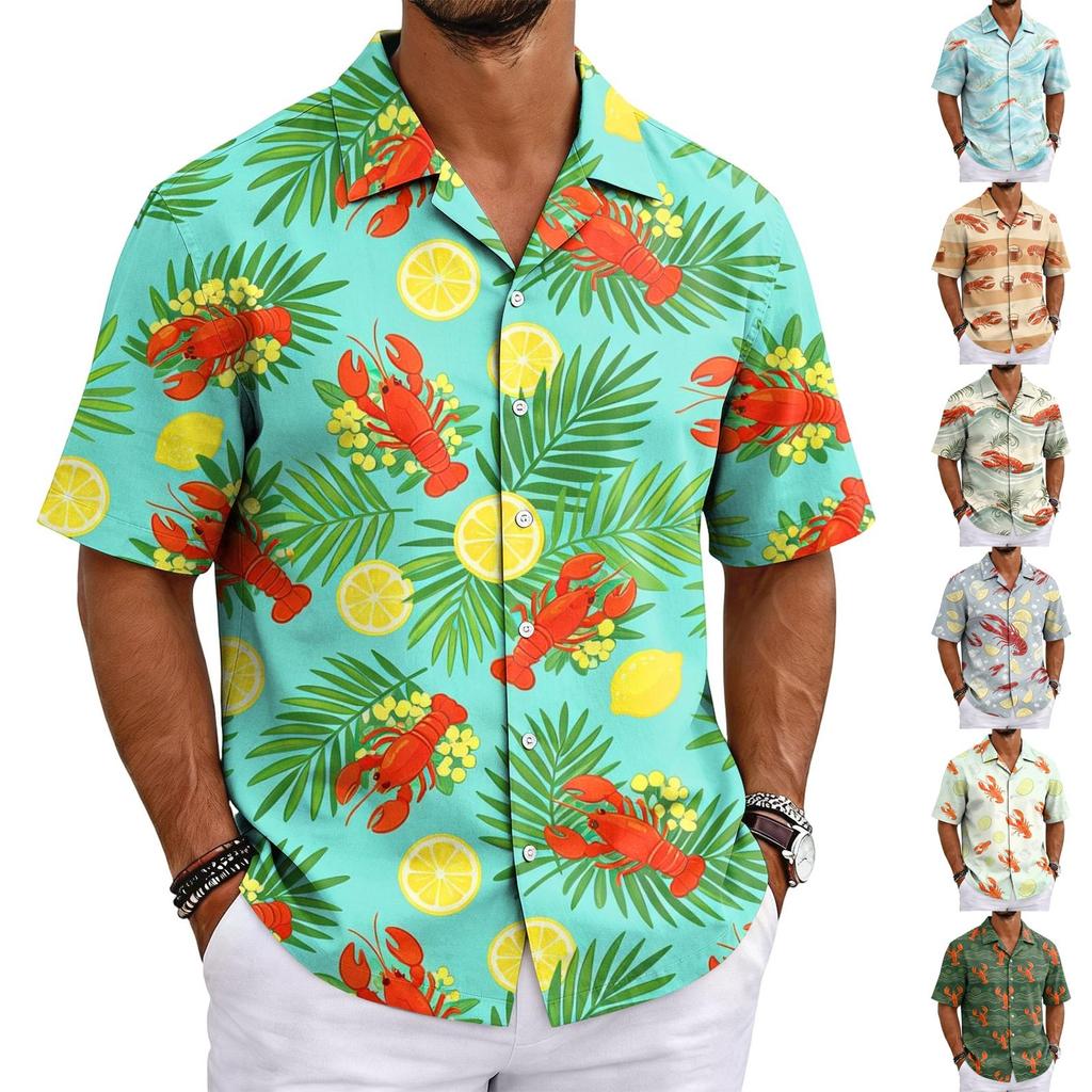 Men's Summer Lobster Festival Basic Cuban Collar Shirt Short Sleeve Button Down Casual Hawaiian Shirt with Tropical Leaf and Fruit Print