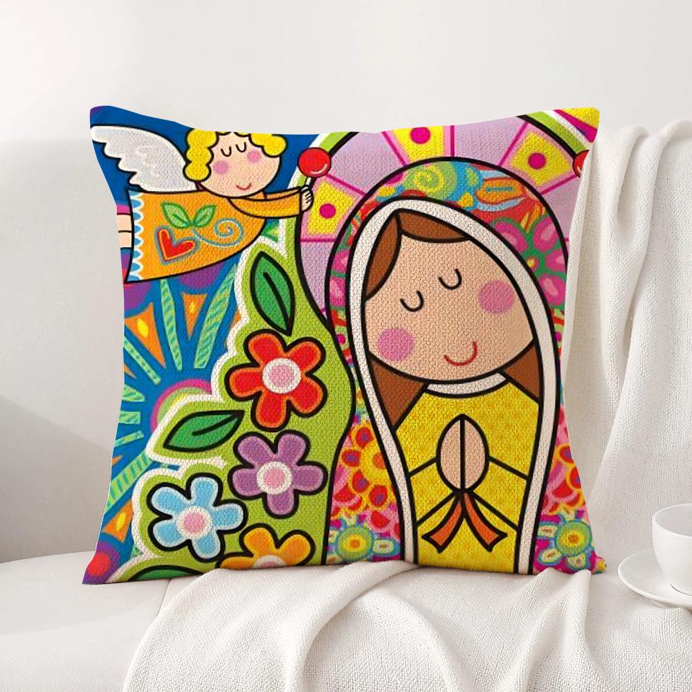 Cartoon Virgin Mary Art Cushion Cover Summer Coolness Linen Fabric Double-Sided Printing Pillow Case Sofa Home Decor Gift