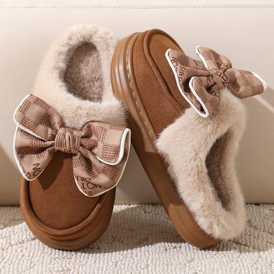 Pantoufles à gros nœud Hiver Chaussures chaudes pour femmes Doublure en fourrure Femme Pas cher Peluche Diapositives Chaussure Dame Faux Daim Cuir Mules Sabots Pantoufle