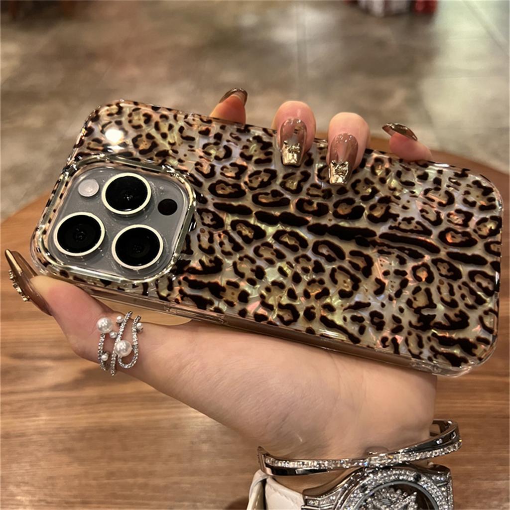 Elegante Custodia con Stampa Leopardata e Motivo a Guscio Laser per iPhone 16 15 14 13 Pro Max 11 12 Elegante Cover Morbida Antiurto Funda