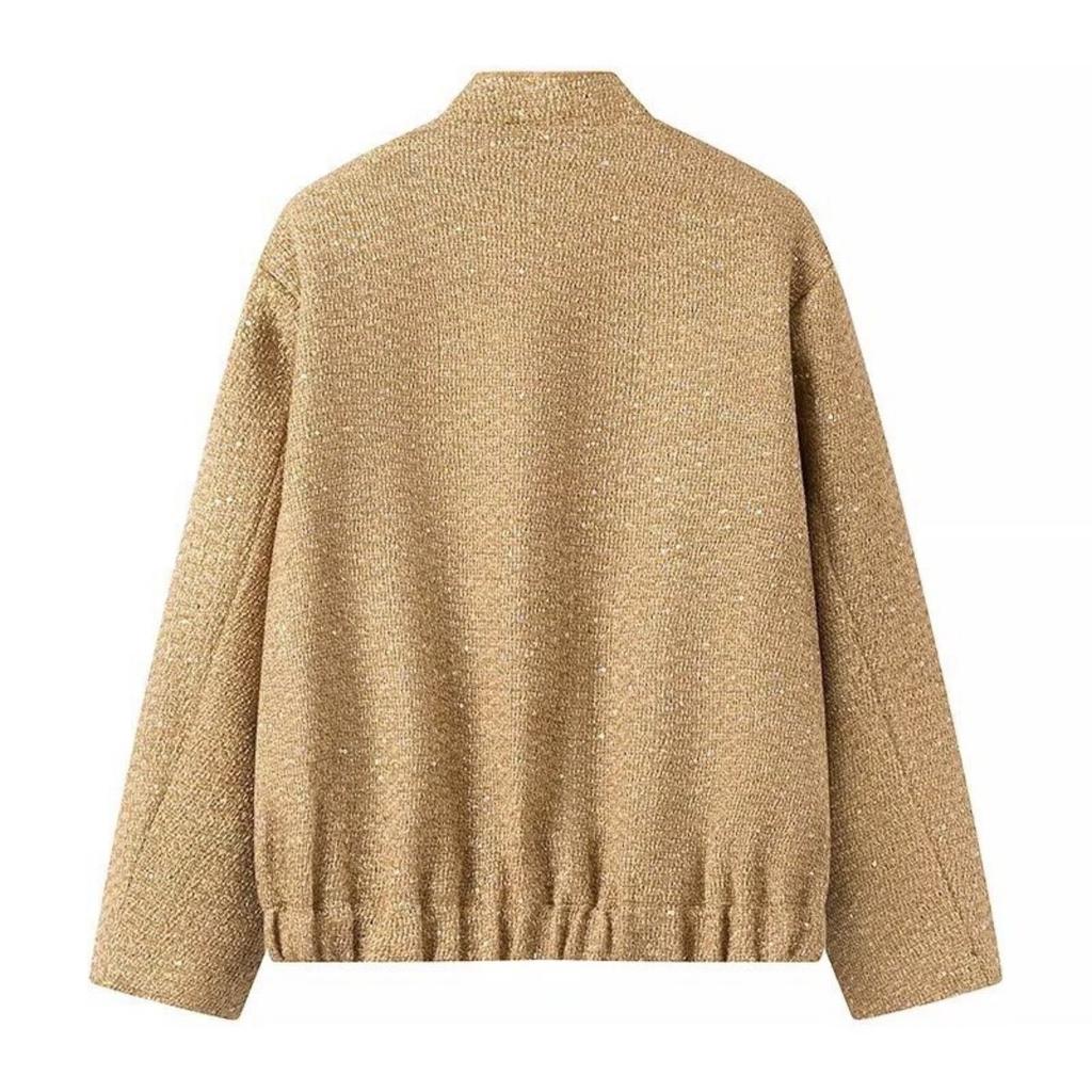 Women Shiny Sequin Jacket Y2k Gold Color Stand Collar Long Sleeve Short Coat Ladies High Streetwear