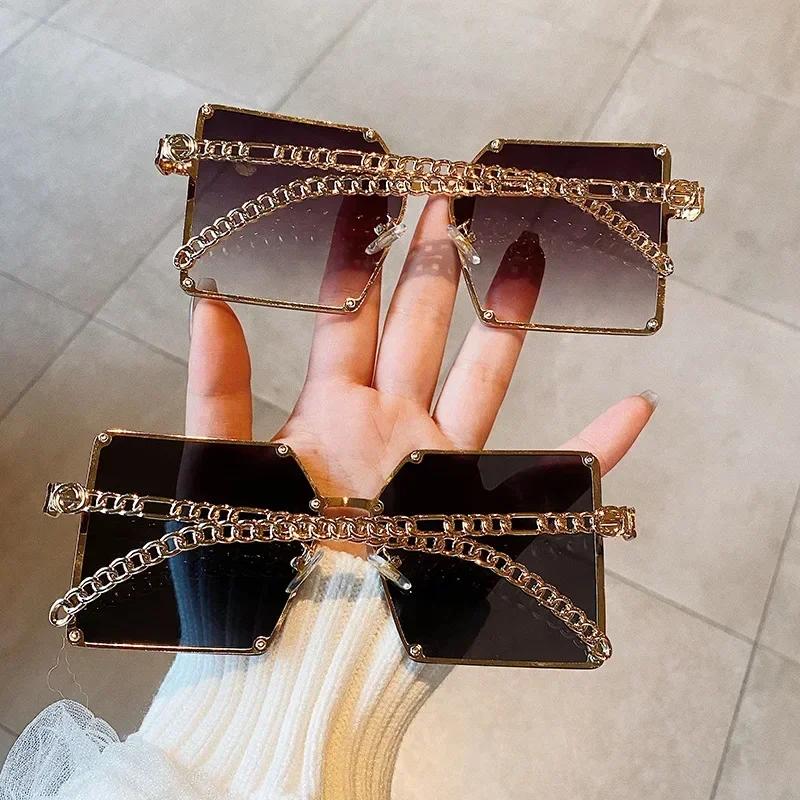 Vintage Square Sunglasses Women Retro Oversized Chain Sun Glasses Men Punk Eyeglasses Shades Oculos Gradient Unisex Eyewear