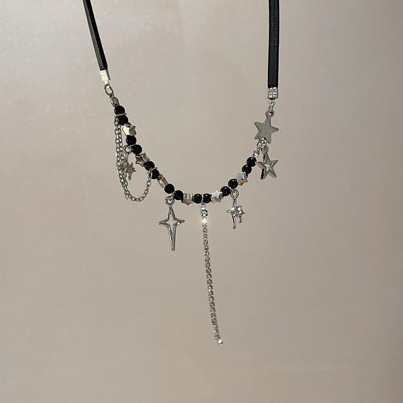 Punk Star Pentagram Necklace for Women Fashion Inlaid Rhinestone Tassels Choker Black Rope Necklace Y2K Style Accessories Gifts