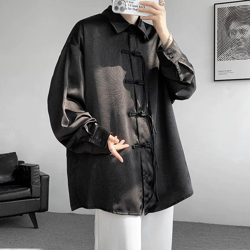 Men's Black Jacquard Shirt with Chinese Pan Kou Design - High-End Unisex Stand Collar