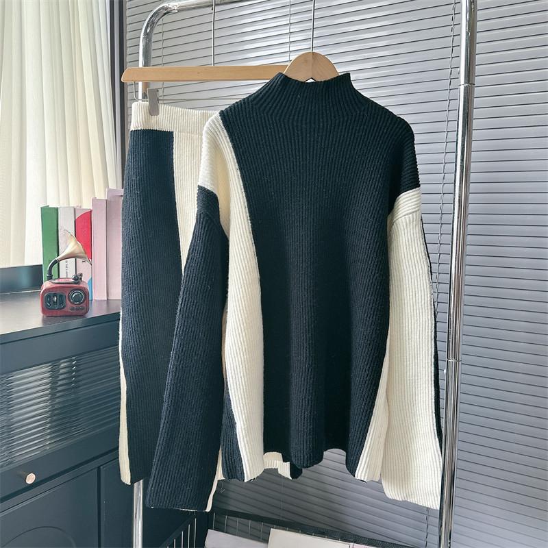 Design Sense of Niche High Neck Sweater Women Fashion Two-piece Autumn and Winter Color Collision Knitting Suit High Waist Half-body Skirt