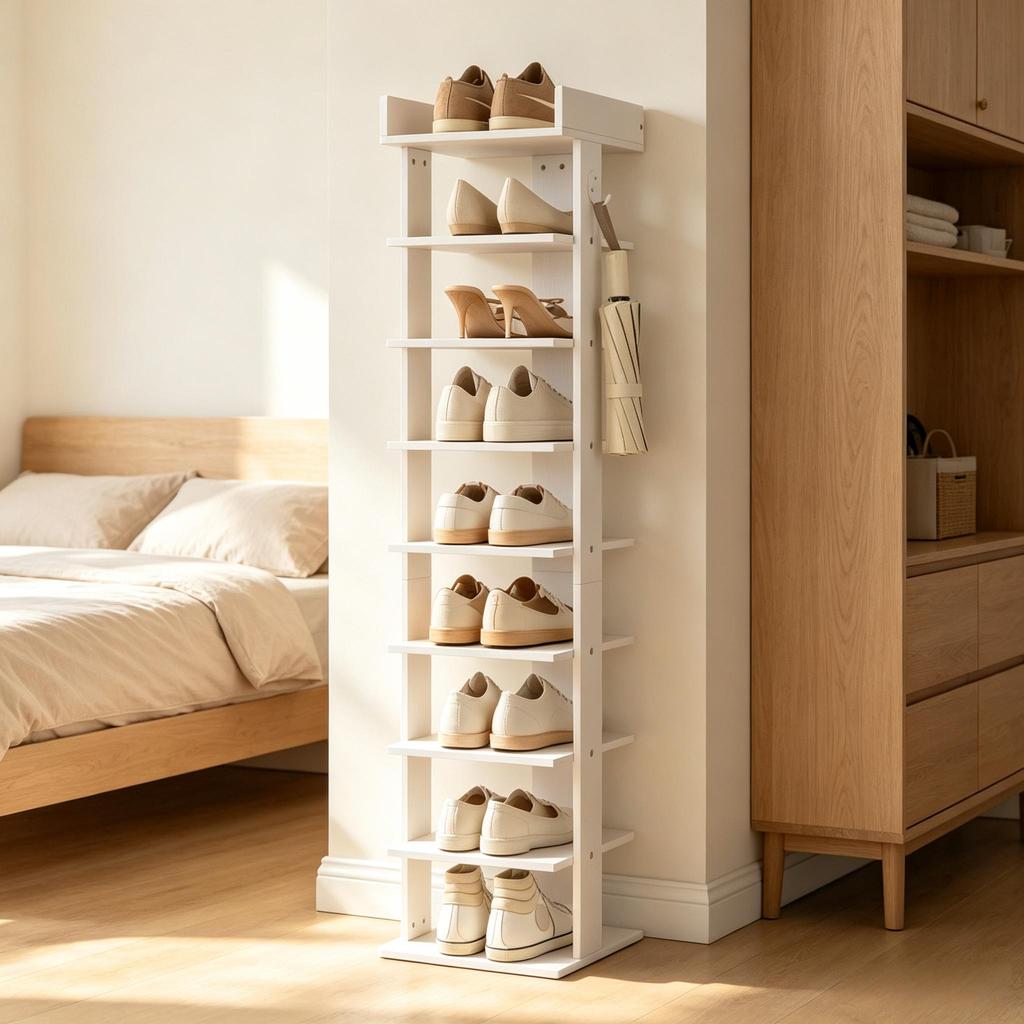 Shoe rack with 9 levels, storage for up to 9 pairs of shoes with top shelf and 2 hooks