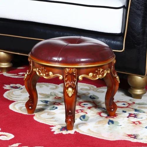 Retro Rzeźbiony Mały Stołek Luksusowa Skórzana Poduszka Kreatywne Niskie Siedzisko Elegancki Pokój Krzesło Sofa Stylowe Siedzisko Dekoracyjny Podnóżek