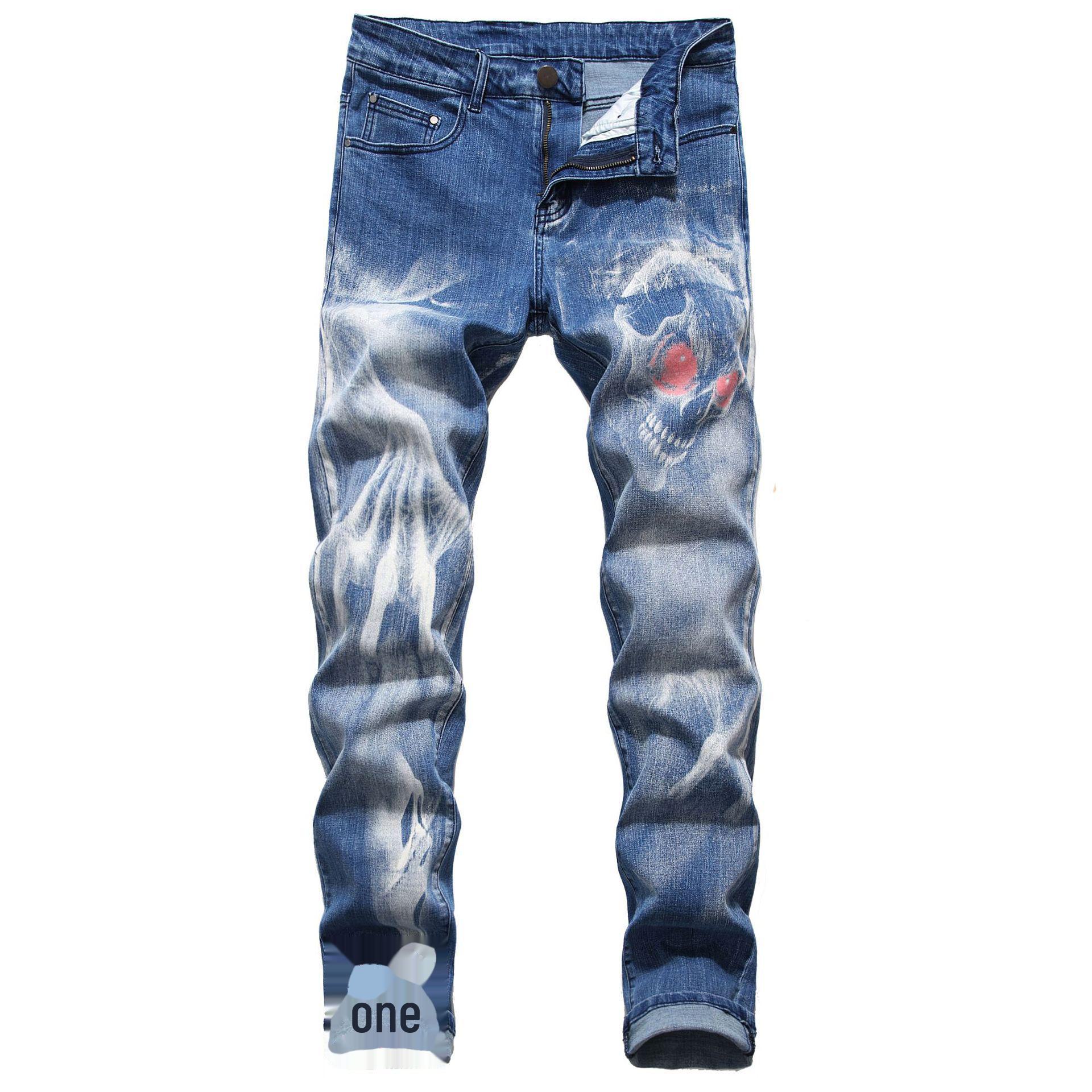 

Чоловічі тонкі стрейч-джинси з 3D-друком і індивідуальним малюнком 915-2, 31 світло-синій колір