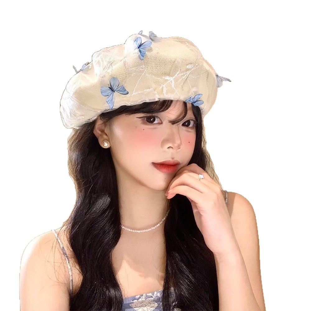 Three-dimensional Butterfly Beret Mesh Women's Beret Fashionable Knitted Hat Summer