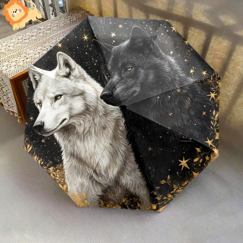 1 PC Automatic Folding Umbrella - Two Wolves Pattern, Portable & Foldable Design with 8 Ribs, Christmas Birthday Gifts