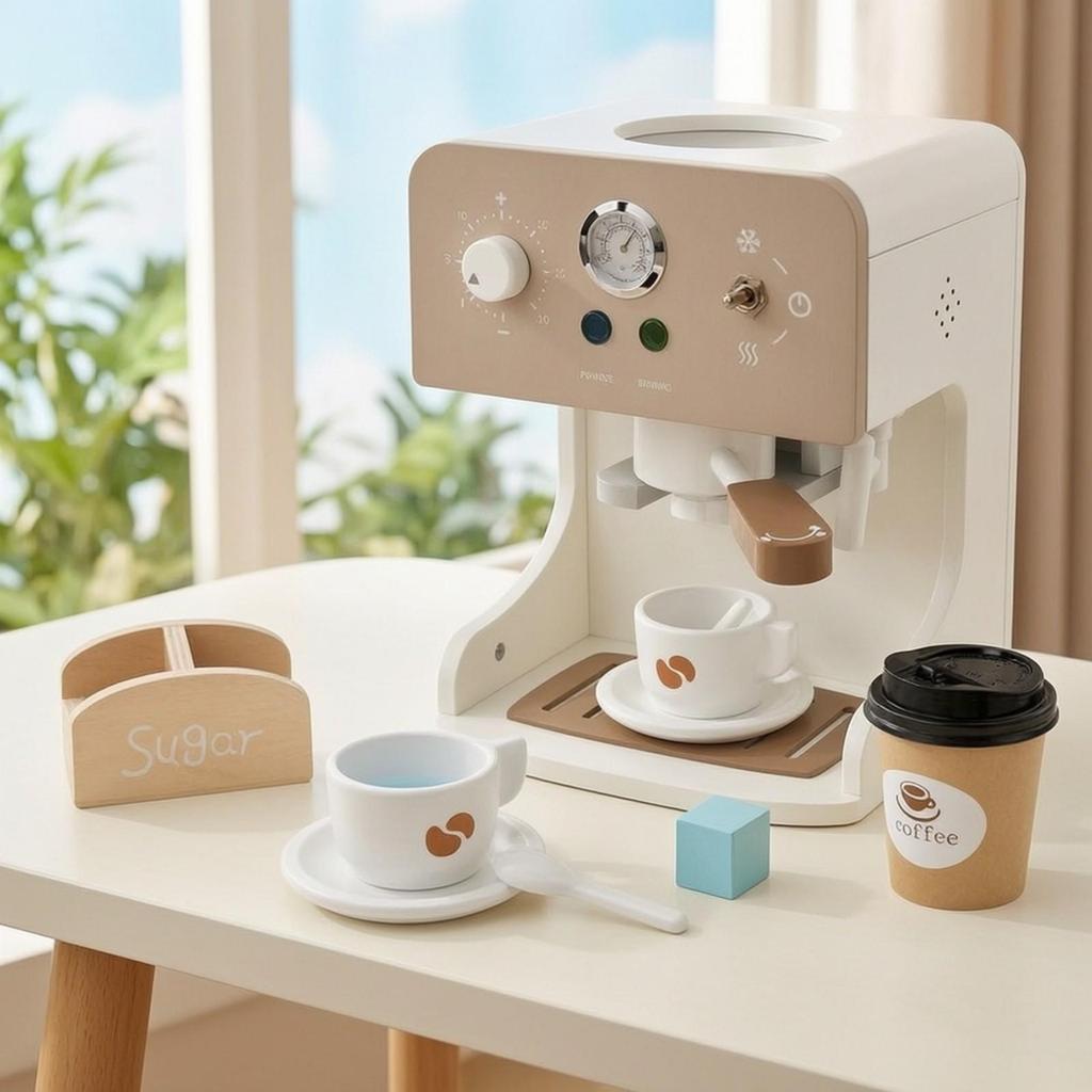 Wooden Coffee Machine Toy Long-Lasting with Accessories