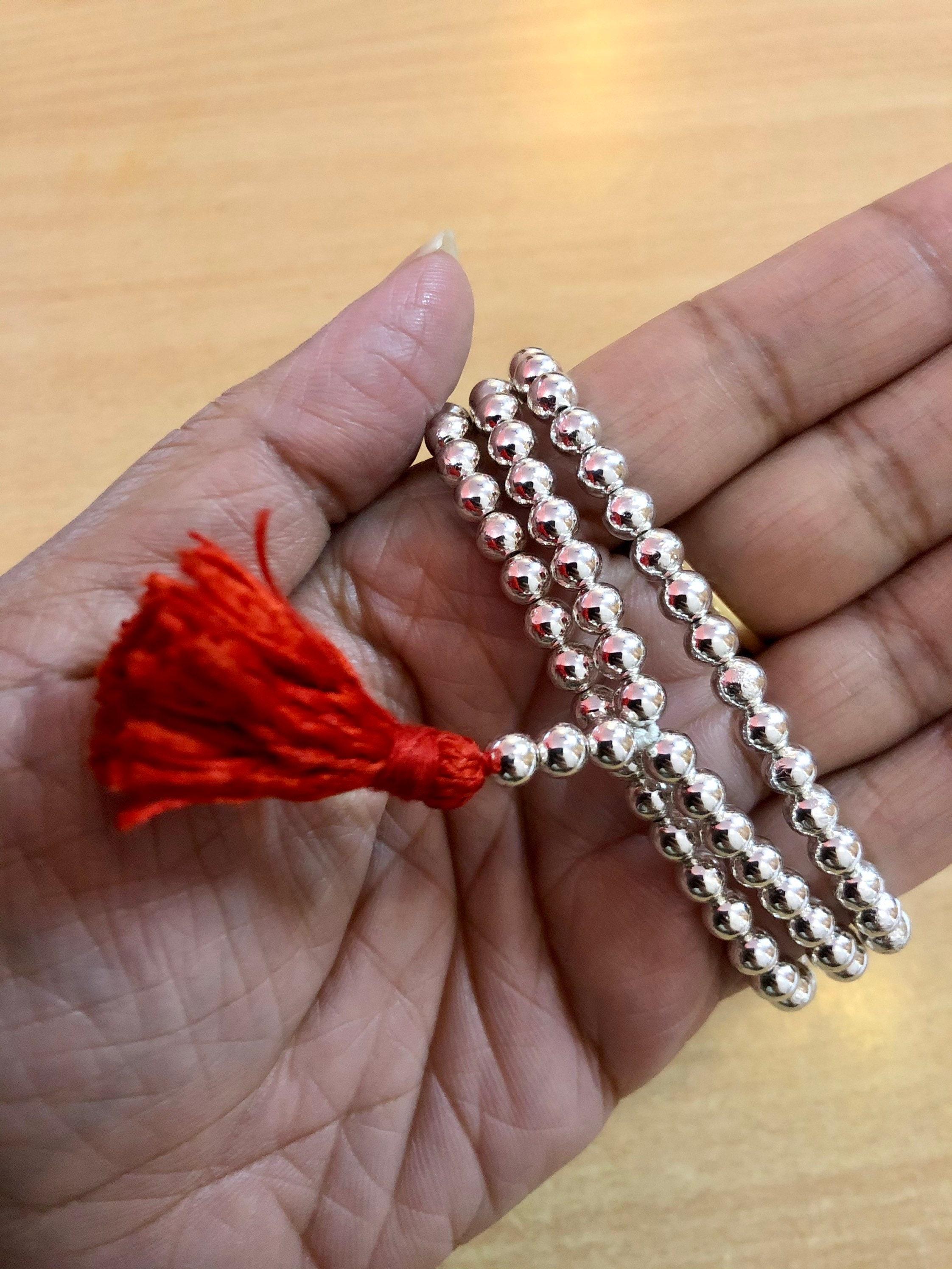 Sterling Silver Coated Japa Jaap Mala ROSARY 108+3 Prayer Beads 20 inch Prayer Beads Yoga Prayer Healing Meditation Free Ship One Size