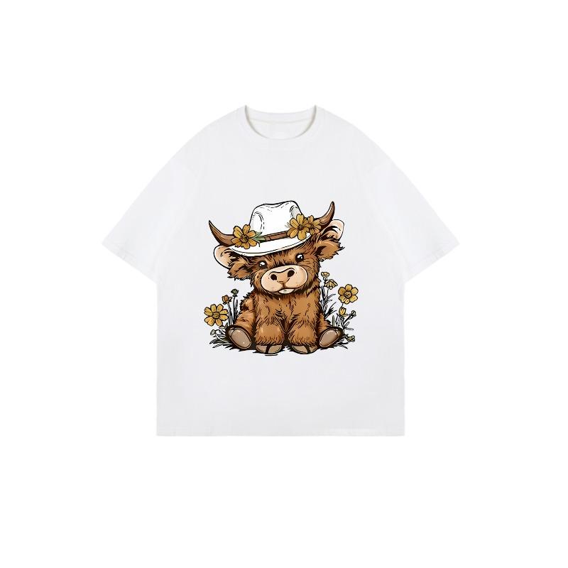 Oversized T Shirt Black Cute Bull Wearing Cowboy Hat With Flowers Print Casual Summer Outfit For Women