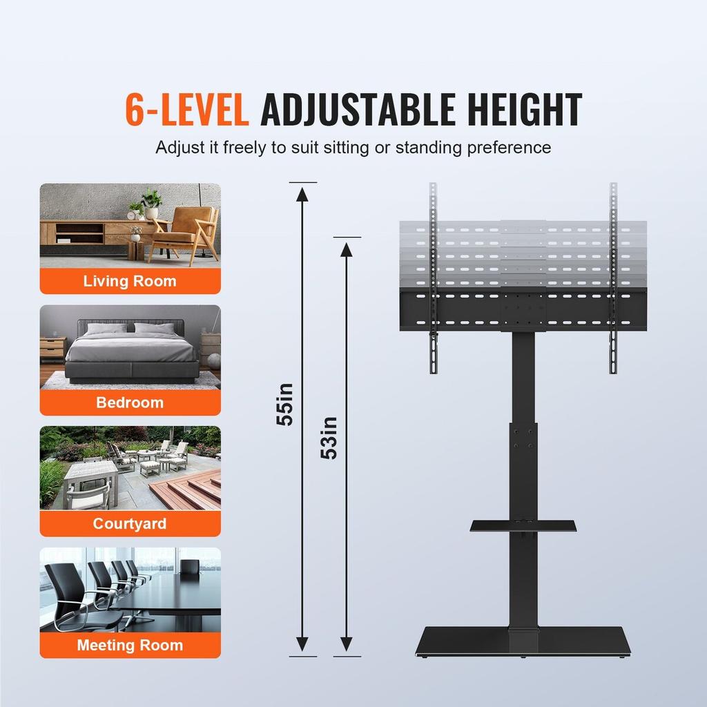 TV Stand Mount, Swivel Tall TV Stand for 32 To 85 Inch TVs, Height Adjustable Portable Floor TV Stand with Tempered Glass Base for Bedroom, Living