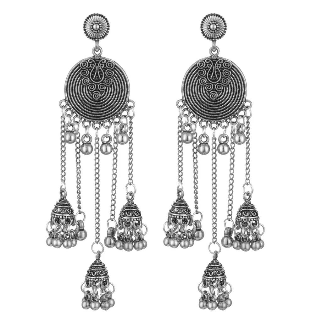 Cross-border Hot Sale Indian Ethnic Style Round Bells Fringed Pendant Earrings Retro Bohemian Earrings Premium Sense