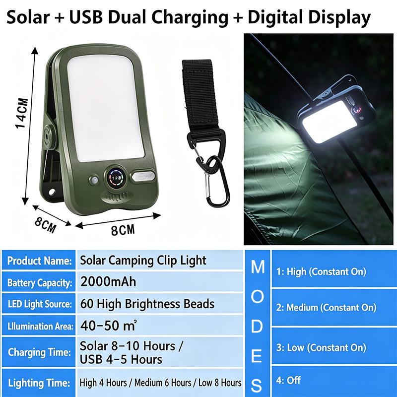 Solar USB Rechargeable Clip-On Camping Light, Waterproof LED Tent Lamp 3 Brightness Modes Portable Outdoor Lantern for Hiking Fishing Emergency