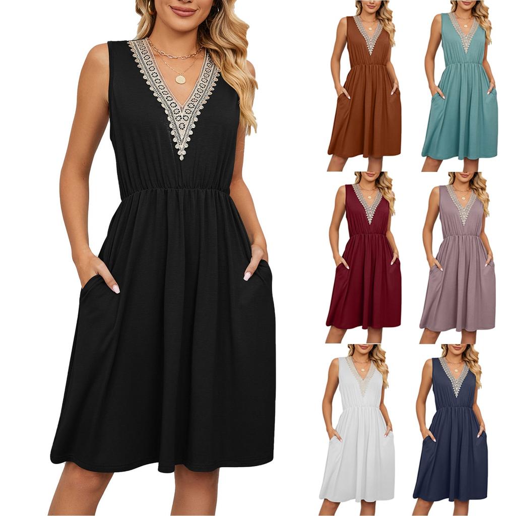 Women Fashion Casual Comfy Sexy Sleeveless Solid Color V-Neck Pocketed Short Sleeve Dress