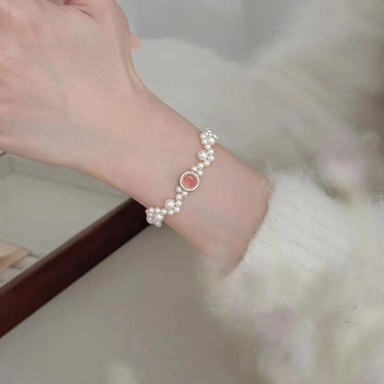 S925 Sterling Silver Bracelet with Pink Chalcedony, Aquamarine, and Pearls - Elegant Women's Beaded Jewelry